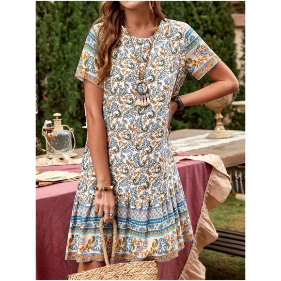 Dresses & Skirts - Boho Blue Floral Paisley Ruffle Mini Dress